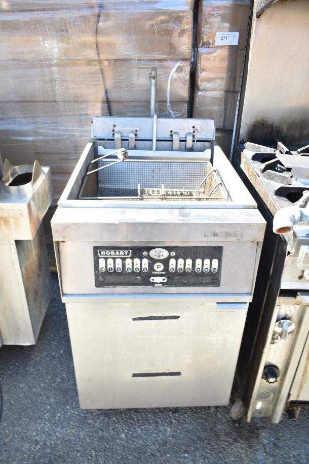 Hobart 1HF85C commercial deep fat fryer, floor style, metal finish, visible control panel, used condition.