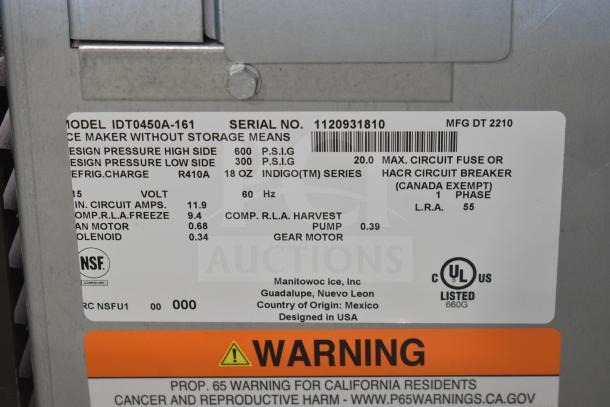 2022 Manitowoc IDT0450A-161 commercial ice machine head, model label showing specs: 115V, 1-phase, NSF listed.