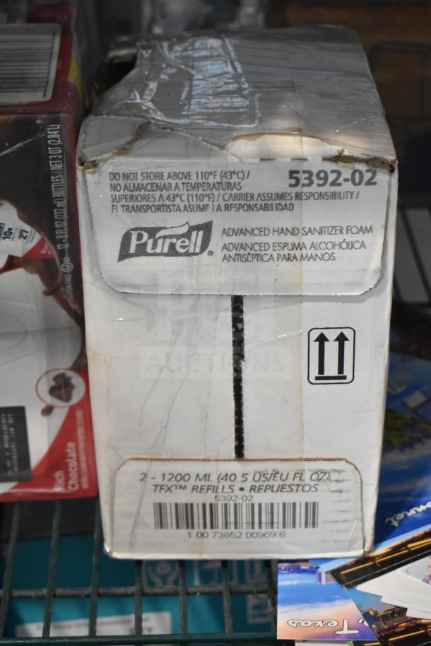 Box of Purell Advanced Hand Sanitizer Foam, 1200 ml refills, includes temperature storage warnings, model 5392-02.