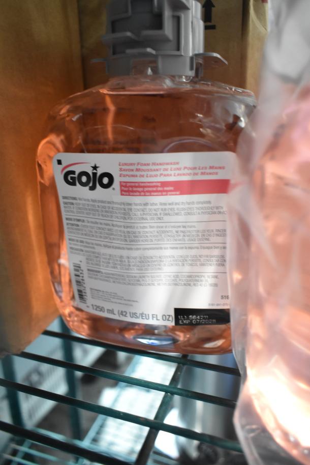 GoJo Luxury Foam Handwash, 1250mL, clear container with label showing usage directions and expiration date of 07/2023.