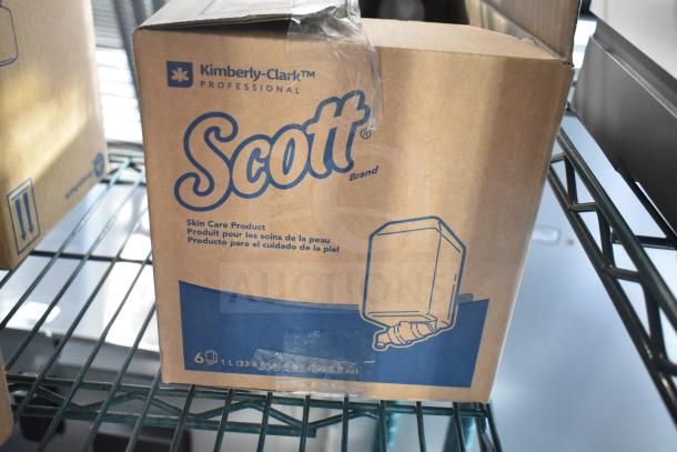 Cardboard box labeled "Scott Brand," by Kimberly-Clark, containing 6 packs of skin care product, 1 liter each.