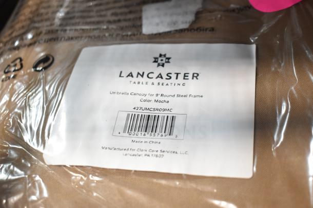 Lancaster umbrella canopy package with label showing model 427UMCSR09MC, mocha color, for 9' round steel frame. Brand new.