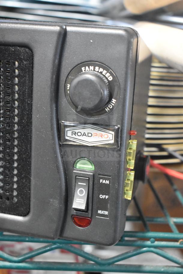 RoadPro RPSL-681P vehicle heater/fan, 300W, 12VDC, 25 Amps, controls shown for fan speed and mode selection.