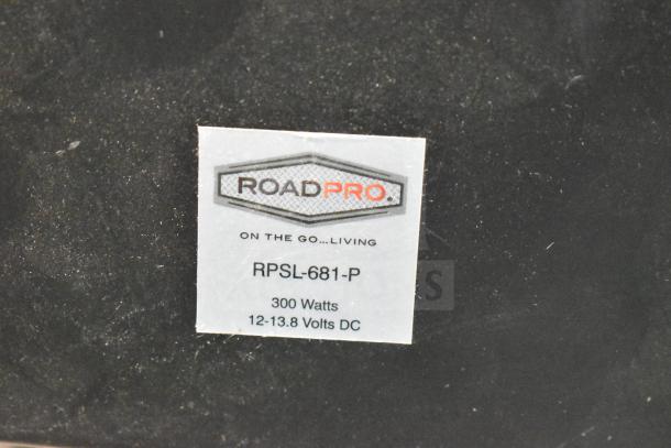 RoadPro RPSL-681P vehicle heater/fan, 300W, 12 VDC, direct wired, dual function. Label shows specifications.