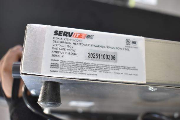 BRAND NEW 2025 ServIt 423HSW2060 Stainless Steel Heated Shelf Warmer, 120V, 1 Phase, 960W, Model label and specs visible.
