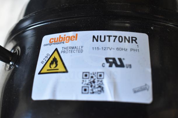 BRAND NEW SCRATCH AND DENT Cubigel NUT70NR motor, 115-127V, 1 phase, thermally protected, R290 refrigerant label.