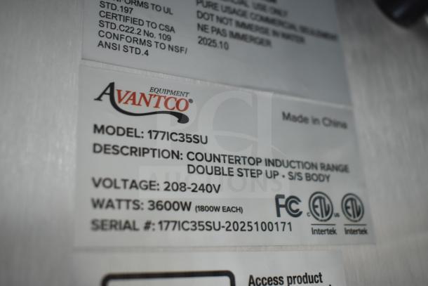 Avantco 177IC35SU induction range label details; 208-240V, 3600W, stainless steel body, model 177IC35SU, made in China.