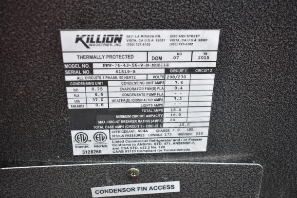 Killion PFW-74-43-56-V-N-MOBILE Grab N Go merchandiser label, 208-230V, 1 phase. Serial 61519-B, thermally protected.