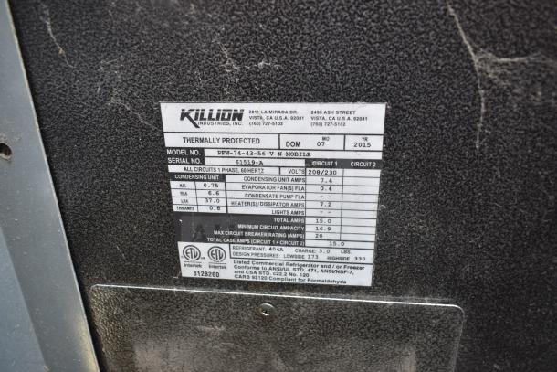 Killion PFW-74-43-56-V-N-MOBILE merchandiser label showing model, serial number 61519-A, voltage, and specs.