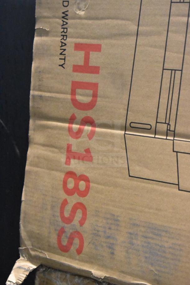 Cardboard box for Honeywell HDS18SS dishwasher. Features: 18", stainless steel tub, 8 settings, 6 programs, scratch and dent.