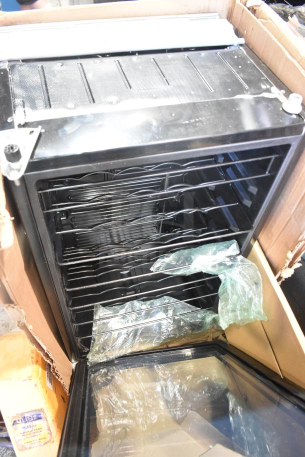 Honeywell H34WCB Wine Cooler, 34-bottle capacity, visible damages, open box, internal shelves shown.