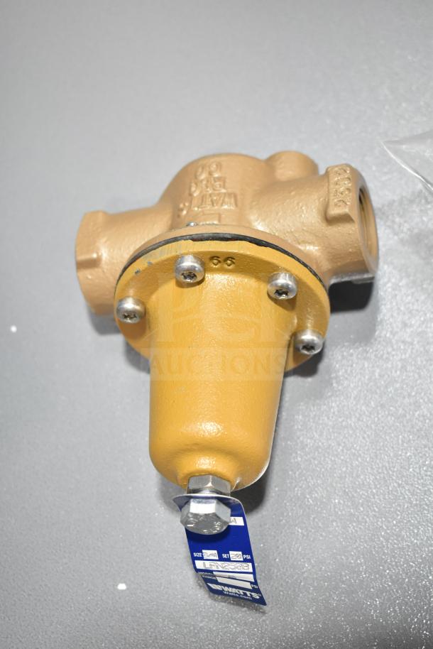 Alt text: Brass water pressure valve with blue tag, set at 125 PSI, displayed on a gray surface.