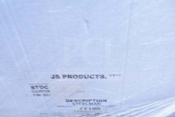 JS Products utility cart box with label showing "STOC" and "77100G" model details. Brand new but scratch and dent.