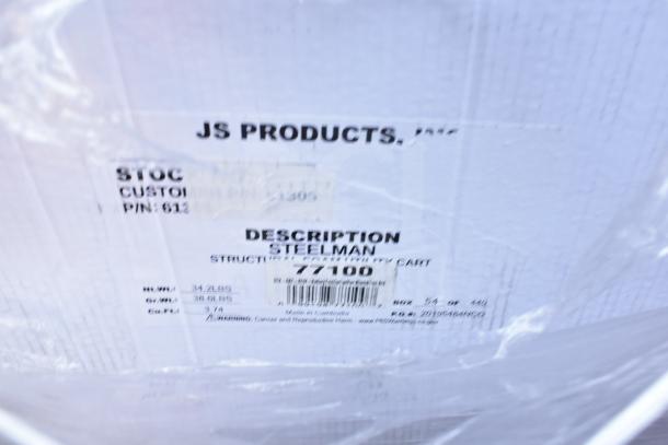 Alt text: Box label for JS Products Steelman 77100 utility cart, indicating new, scratch and dent condition. Made in Cambodia.