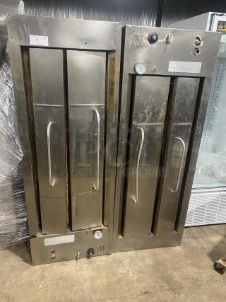Commercial stainless steel double-stacked convection oven, model 648 M SN: 2268. Gas-powered, visible dials, good condition.