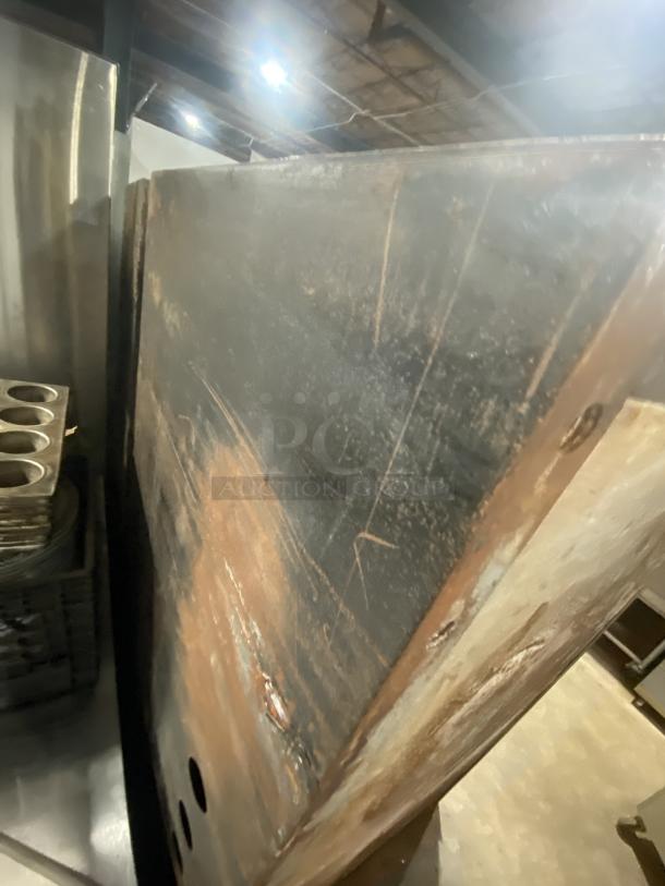 Commercial stainless steel gas-powered double stacked convection oven, Model 648 M. Visible wear and rust marks on sides.