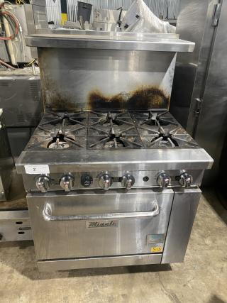 Migali commercial gas stove, 6 burners, stainless steel, model C-RO6B-NG, with oven, backsplash, salamander shelf, on casters.