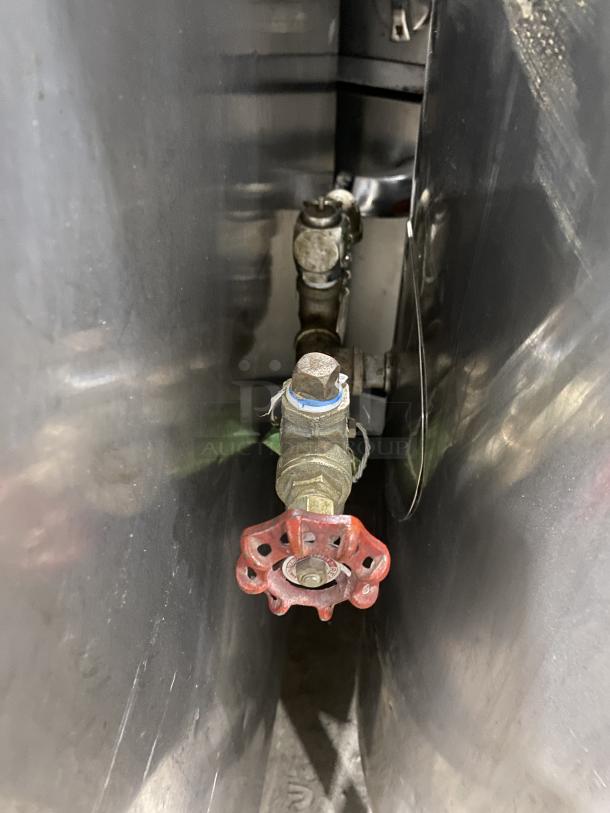 Groen AH/1-40 stainless steel steam jacketed kettle, natural gas, 115V, 1 Phase, visible red valve and internal components.