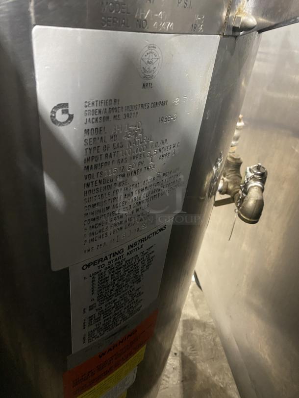Groen AH/1-40 stainless steel steam jacketed kettle, natural gas powered, 115V, serial 43474. Features operating instructions and certification label.