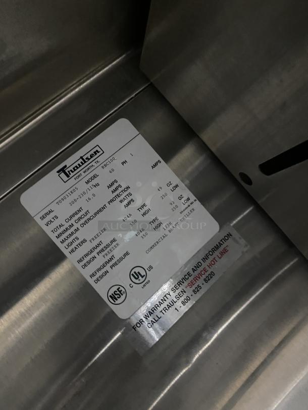 Traulsen Commercial Blast Chill Freezer, Model RBC100, SN T09031K05, stainless steel, 208-230V, on casters, NSF certified.