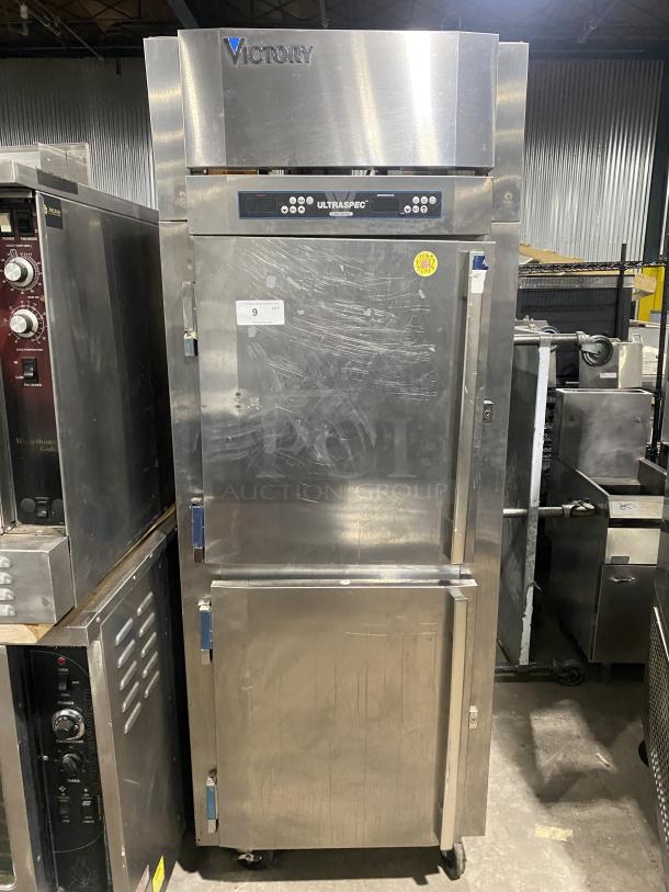 Victory UltraSpec Series stainless steel refrigerator, model HRSA-1D-S1EWHDSPEC183, on casters, solid half doors, 208-240V.