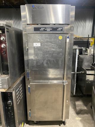 Victory UltraSpec Series stainless steel refrigerator, model HRSA-1D-S1EWHDSPEC183, on casters, solid half doors, 208-240V.