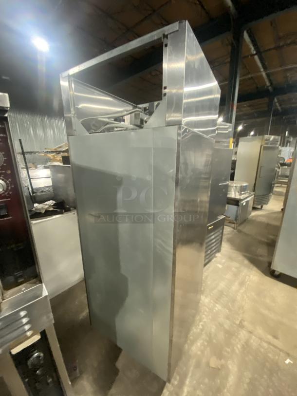 Victory UltraSpec stainless steel refrigerator, model HRSA-1D-S1EWHDSPEC183, with solid half doors and casters.