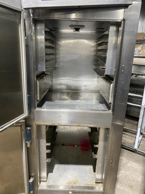 Victory UltraSpec stainless steel reach-in refrigerator, model HRSA-1D-S1EWHDSPEC183, with solid half doors, on casters.