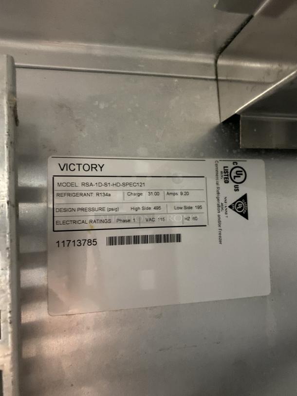 Victory UltraSpec Series refrigerator label, Model RSA-1D-S1-HD-SPEC121, SN 11713785, 115V, 1 Phase, on casters.