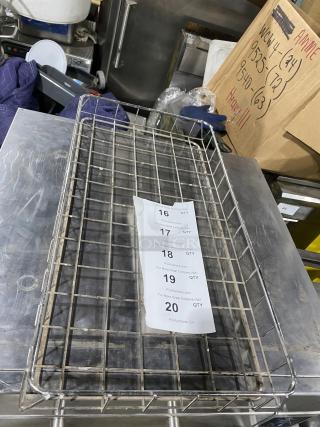 Stainless steel commercial bagel wrap rack; grid design; used condition; auction item numbers visible.