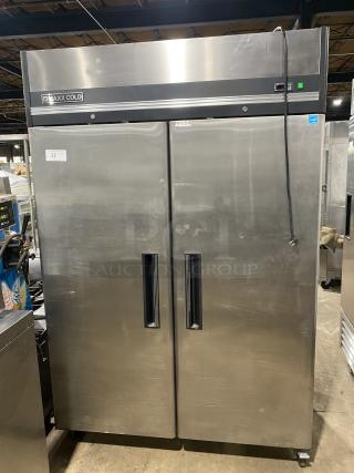 Maxx Cold MXCF-49FD commercial stainless steel reach-in freezer with 2 solid doors, 6 shelves, on casters, 115V 1PH.