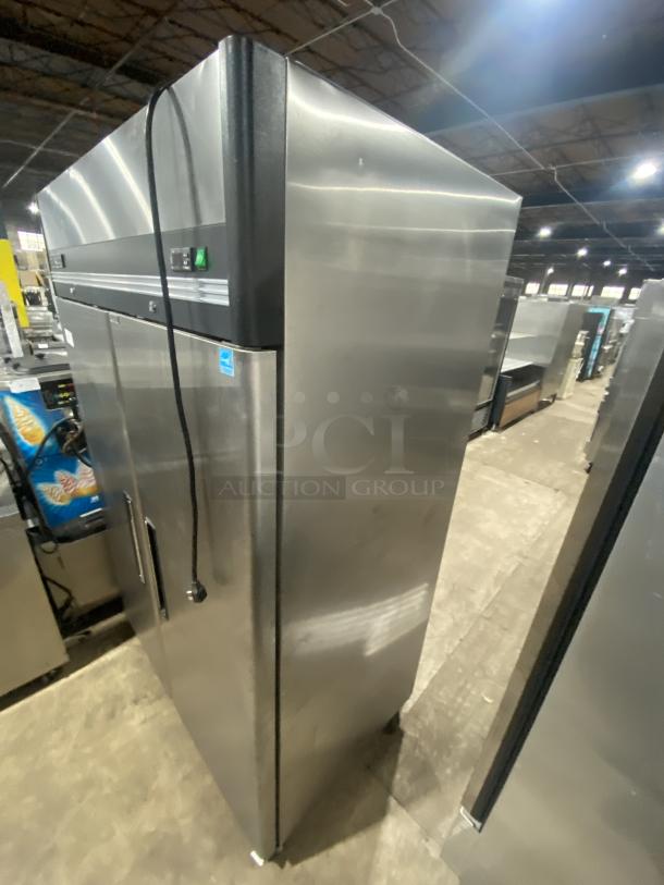 Maxx Cold stainless steel reach-in freezer, Model MXCF-49FD, 2 solid doors, 6 shelves, on casters, good condition.