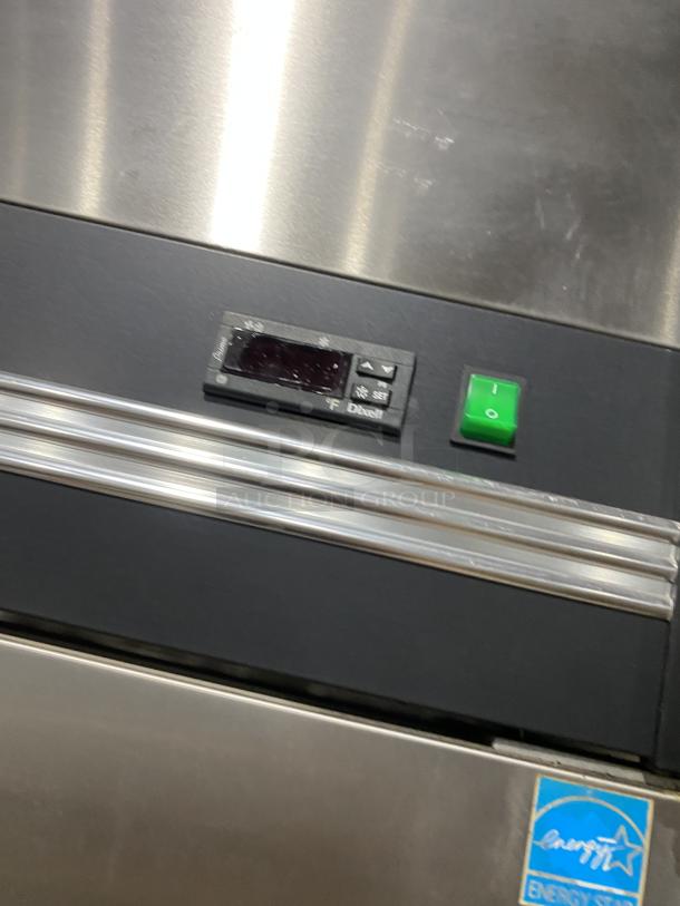 Maxx Cold MXCF-49FD commercial stainless steel reach-in freezer with control panel, Energy Star label, and casters.