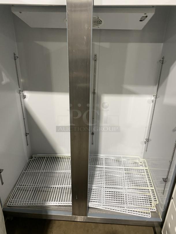 Maxx Cold MXCF-49FD commercial freezer, stainless steel, two solid doors, six shelves, on casters, 115V 1PH.