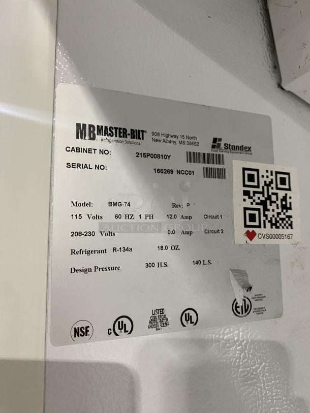 Master Bilt BMD-74 commercial refrigerator label, showing model, serial number 166269 NCC01, and technical specs.