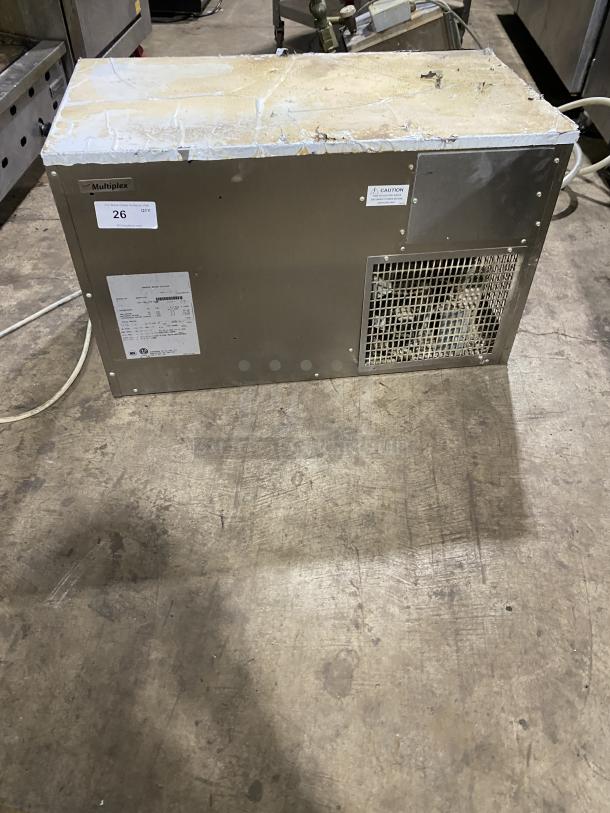 Multiplex SC340-04 stainless steel water chiller, model SN: 1101093101, 230V, 1 phase, used condition, visible labels.