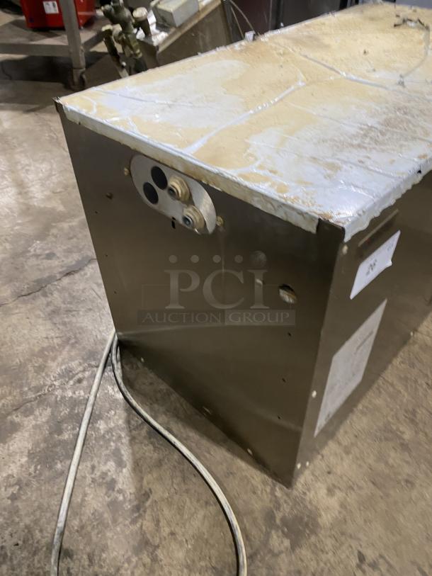 Multiplex SC340-04 stainless steel water chiller, 230V, used condition. Model and serial number visible on label.