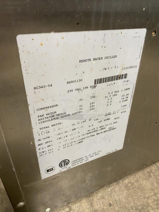 Multiplex SC340-04 Remote Water Chiller, stainless steel, 230V, 1 Phase; serial number 1101093101 tag visible.