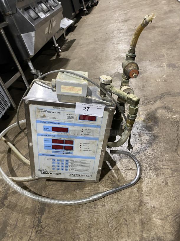 Baxter Commercial Stainless Steel Water Meter, Model SP600W 120V; visible controls, pipes, and labels, used condition.