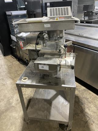 Patty O Matic Model 330A stainless steel automatic meat forming machine, 115V, on casters, with control panel and warning labels.