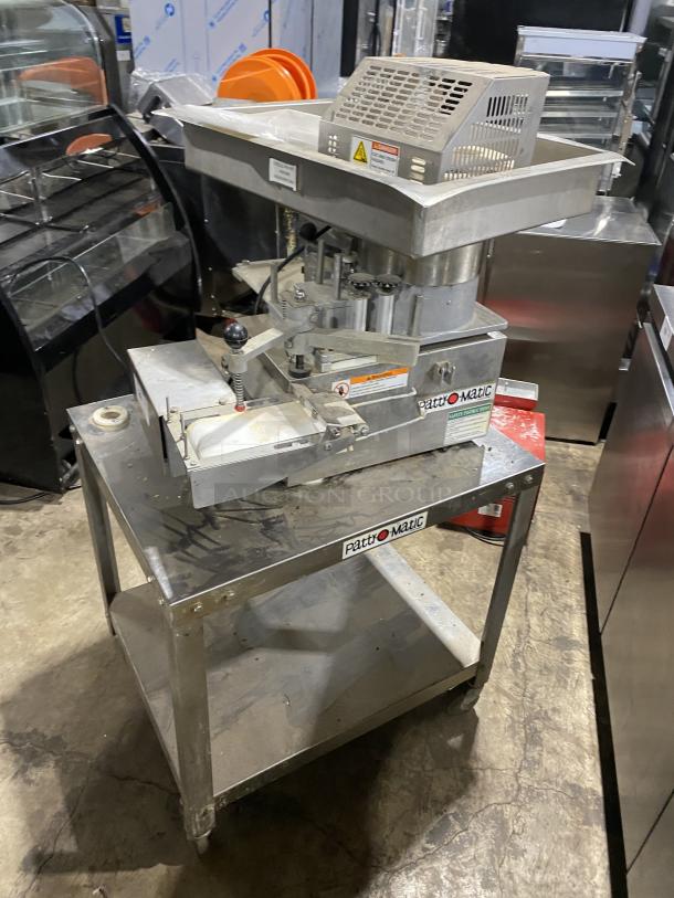 Patty O Matic Model 330A stainless steel automatic forming machine on casters, excellent condition, 115V, for high-volume meat processing.
