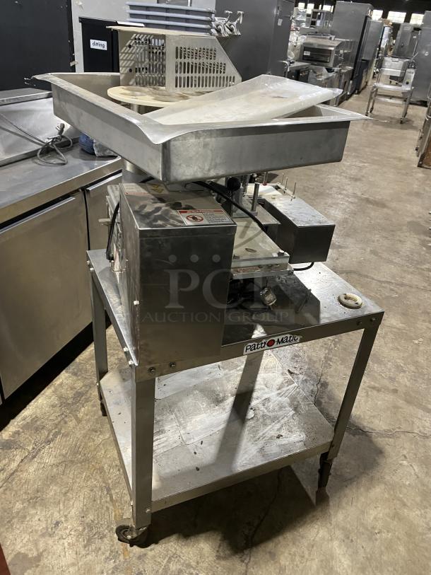 Patty O Matic 330A commercial stainless steel meat processing machine, automatic forming, high volume, on casters, 115V.