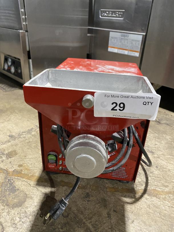 Olde Tyme PN2 peanut butter grinder, red, 115V 1-phase, serial A16070912, used condition. Auction tag labeled "29 QTY."