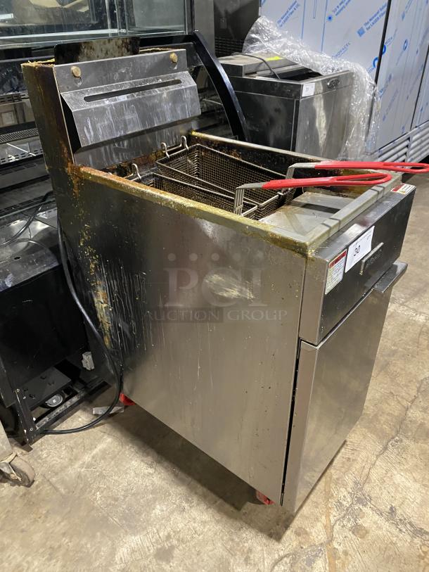 Migali C-F40-NG stainless steel deep fat fryer with back splash, basket hanger, frying baskets, on casters; natural gas powered.
