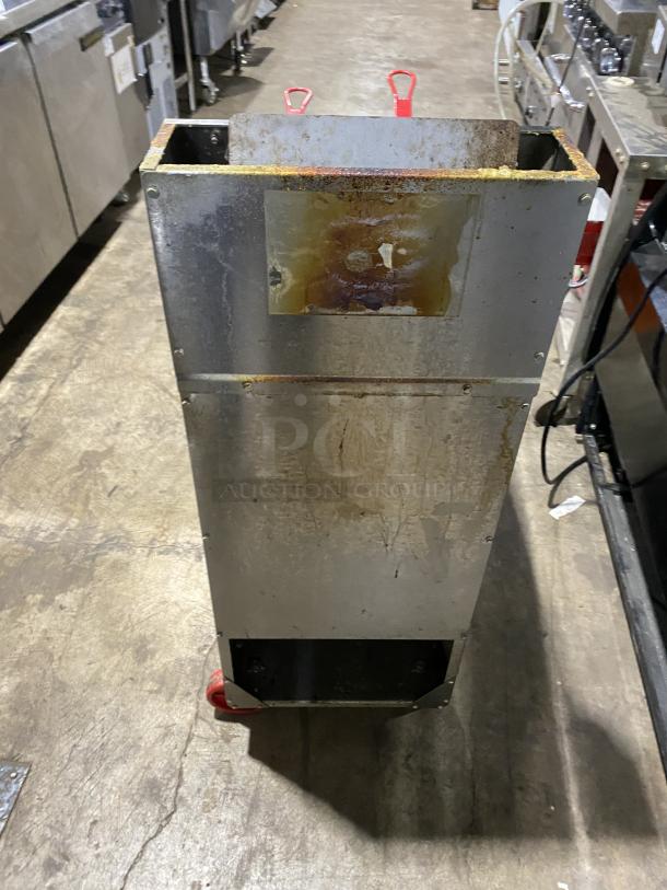 Migali C-F40-NG commercial stainless steel gas fryer with back splash, basket hanger, and frying baskets on casters.