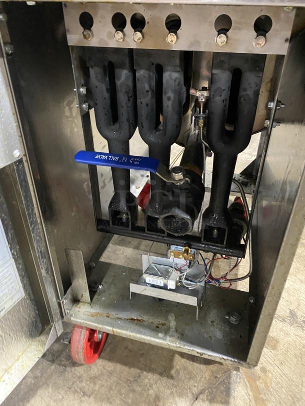 Migali C-F40-NG commercial stainless steel deep fat fryer, natural gas, with back splash, basket hanger, and casters.