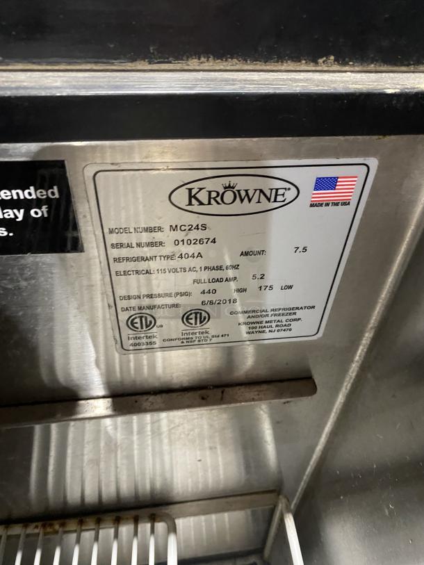 Krowne MC24S stainless steel underbar glass froster, 115V 1 phase, sliding-top lid, serial 0102674, ETL certified, made in USA.