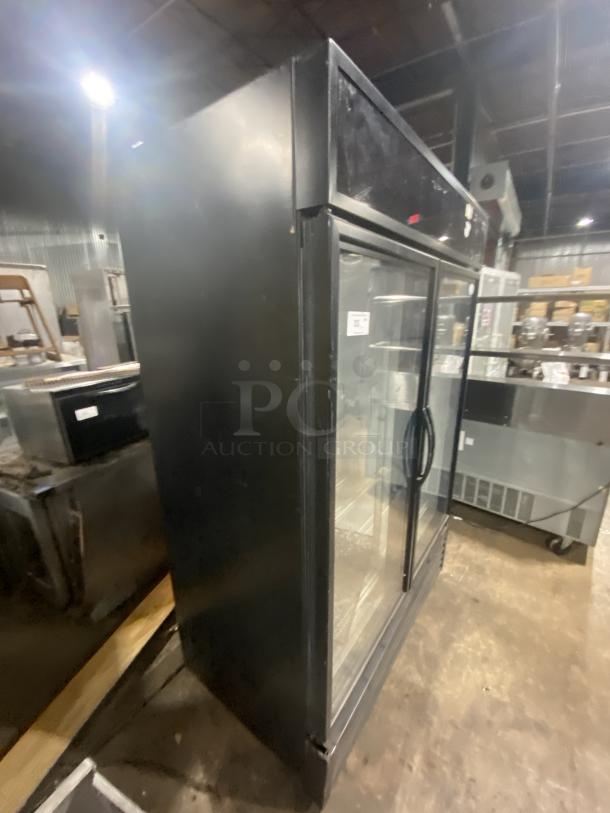 True commercial freezer, black stainless steel, model GDM-49F-HC-TSL01, 2 glass doors, 1 phase, 116-208-230V.