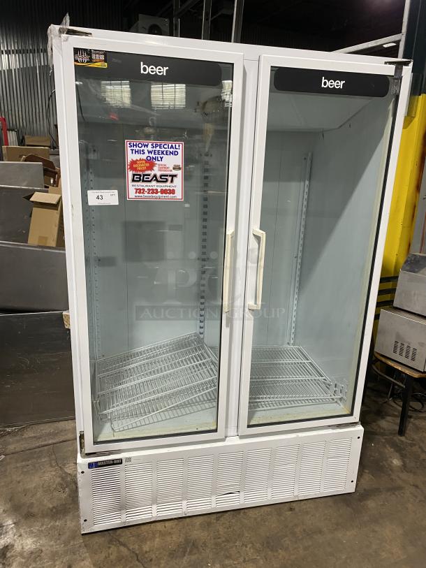 Master-Bilt BMG-48 commercial double glass door refrigerator, white, poly coated wired rack, 115V 1 phase, model BMG-48.
