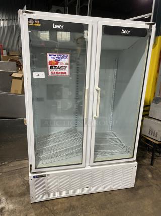 Master-Bilt BMG-48 commercial double glass door refrigerator, white, poly coated wired rack, 115V 1 phase, model BMG-48.